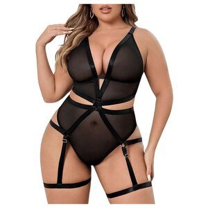 1725 Plus Size Teddy Lingerie Sheer Mesh See Through Deep V Babydoll